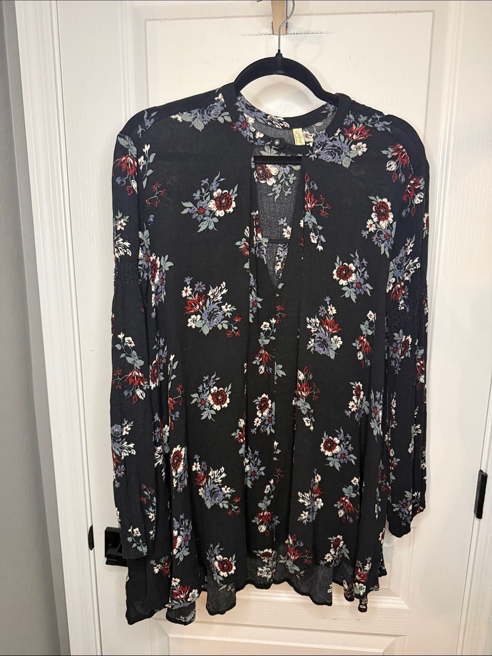Free People Black Floral Split-Front Tunic with Burgundy & Blue Blooms